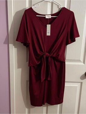 Everly Burgundy Knot-Front V-Neck Mini Dress